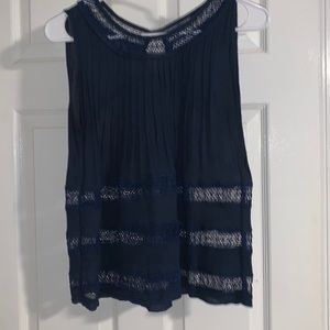 Hayden sleeveless navy blue blouse. Scoop neck with lace open detail, Small